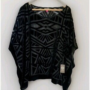 Vince Camuto Black Kimono Medium Sheer Velvet Tribal Poncho Geometric Flowy NEW